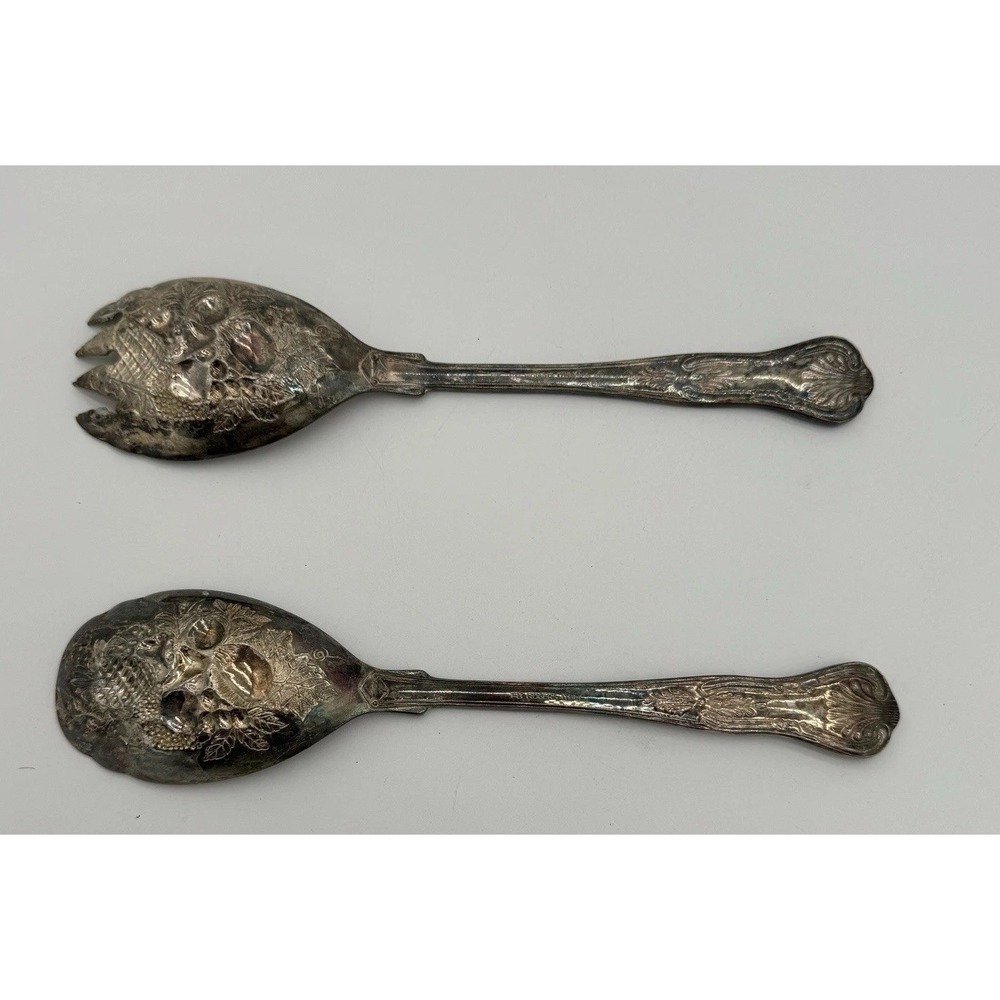 Antique FB Rogers Silver Plated Salad Serving Set Italy Fruit Pattern EPNS 9in - Picture 7 of 10